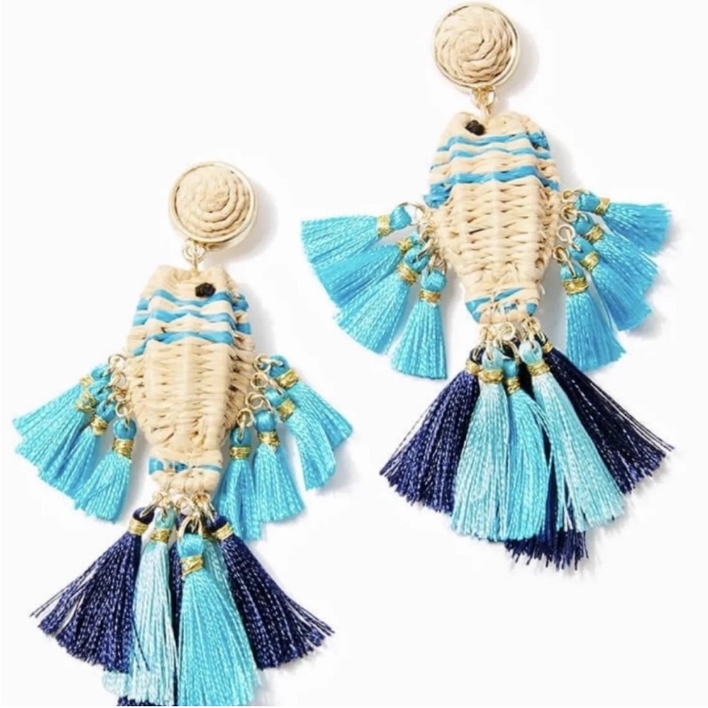 Lilly Pulitzer Blue and Cream Fish Tassel Earrings